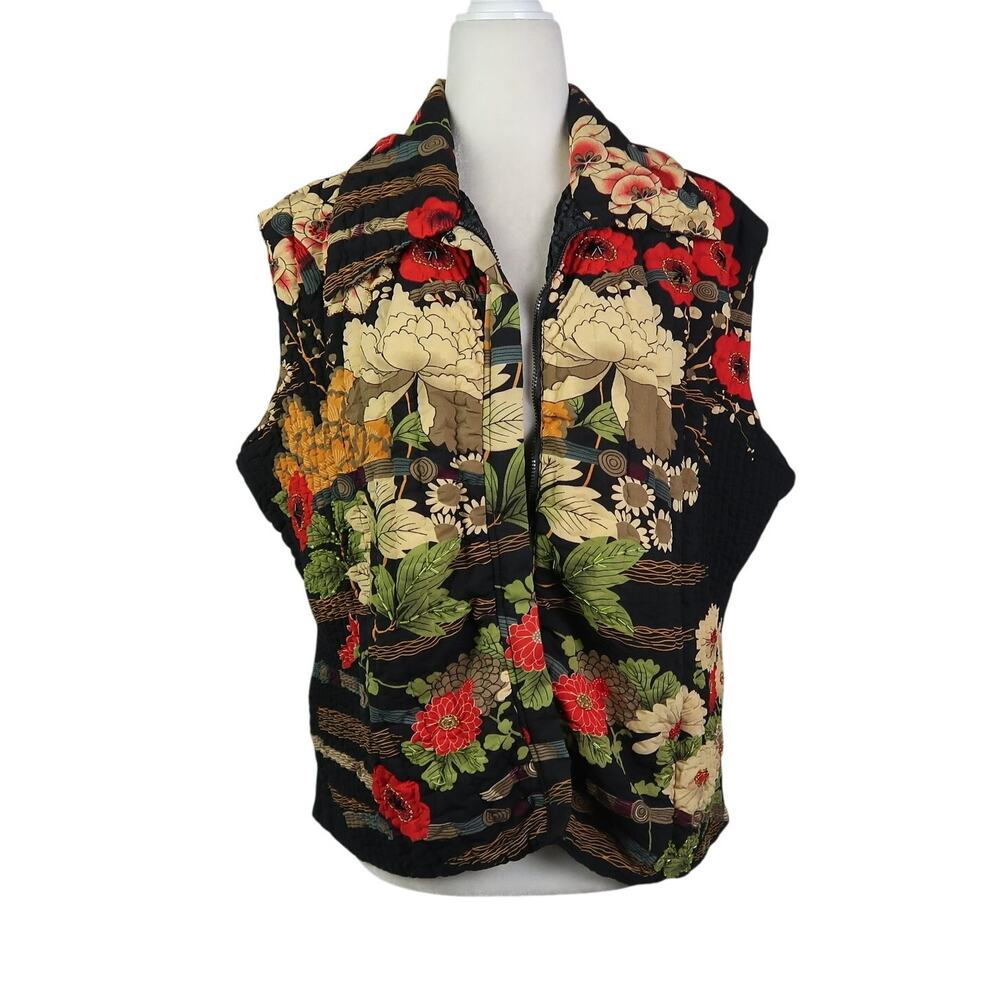 Vintage Y2K UBU Black Floral Plisse Scrunch Vest Beaded XL